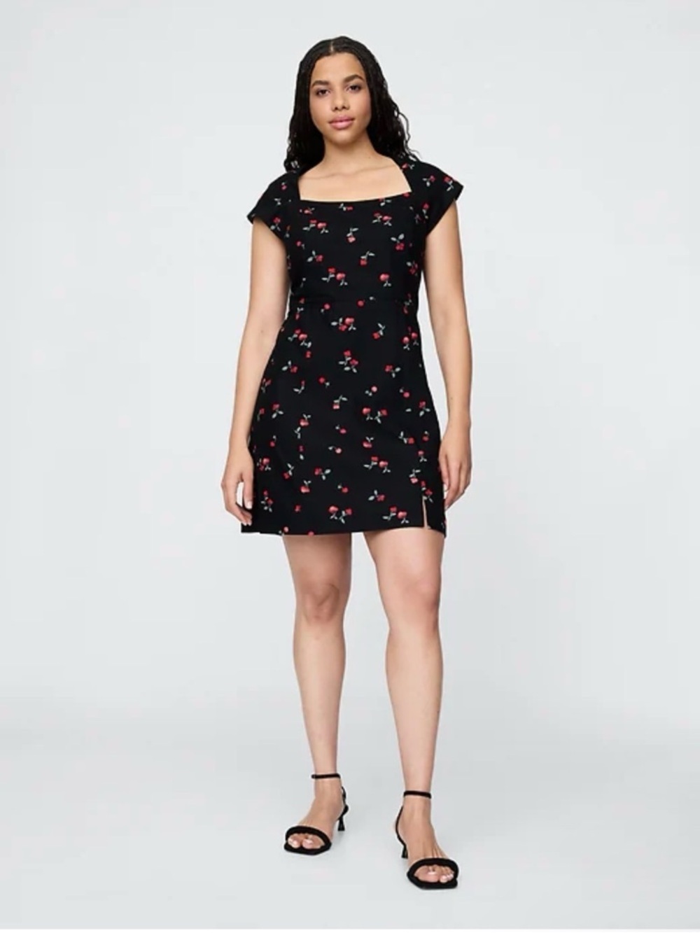 Gap Linen-Blend Cap-Sleeve Mini Dress Black Red Cherry Print Sz Large Tall Trend